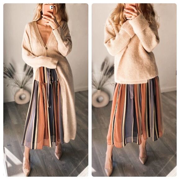 Mango Skirt Stripes Midi Belted New - Picture 2 of 8